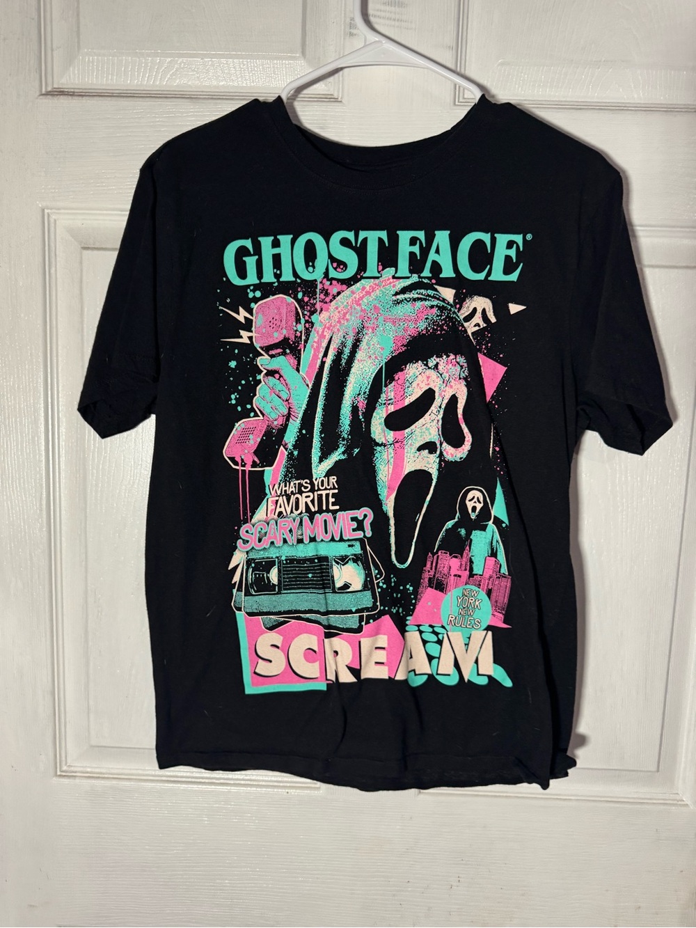 Ghostface Scream Graphic Tee - Black with Teal & Pink Print